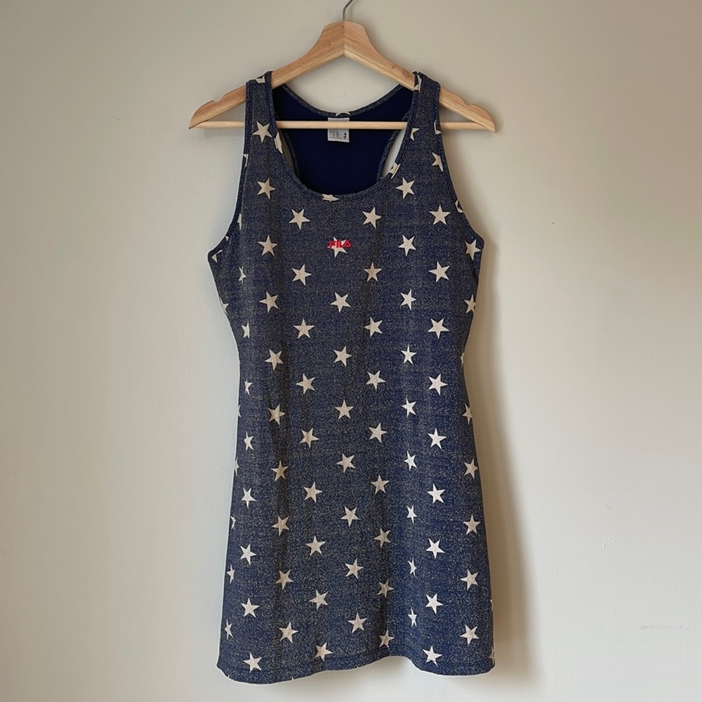 FILA Heritage Star Tennis Tank Blue Sparkle Midi Dress White Stars Size XL